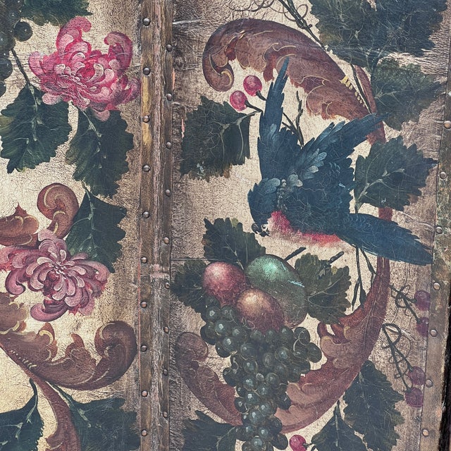 Antique French Hand-Painted Leather 4-Fold Room Divider Screen, 1890s For Sale - Image 6 of 10