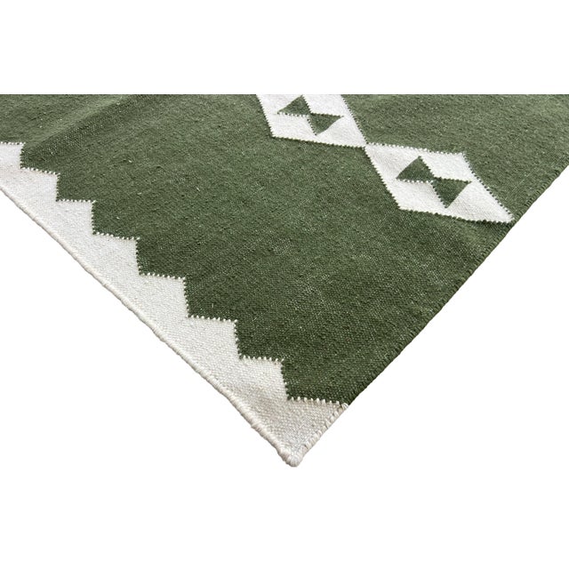 Handmade New Zealand Wool Dhurrie Runner, Olive Green and Cream Geometric Runner Rug- 3'x20' For Sale - Image 6 of 10