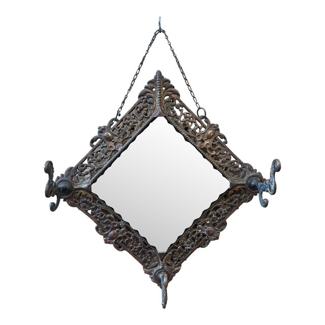 Victorian Standard Brand Stamped 1901 Cast Iron Hall Mirror With Hooks For Sale