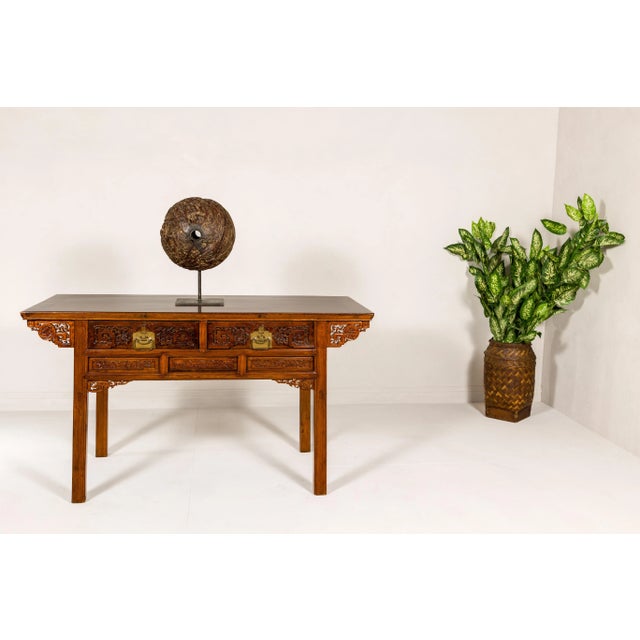 Mid 20th Century Mid 20th Century Carved Console Table with Two Drawers, Scrolling Clouds & Flowers For Sale - Image 5 of 12