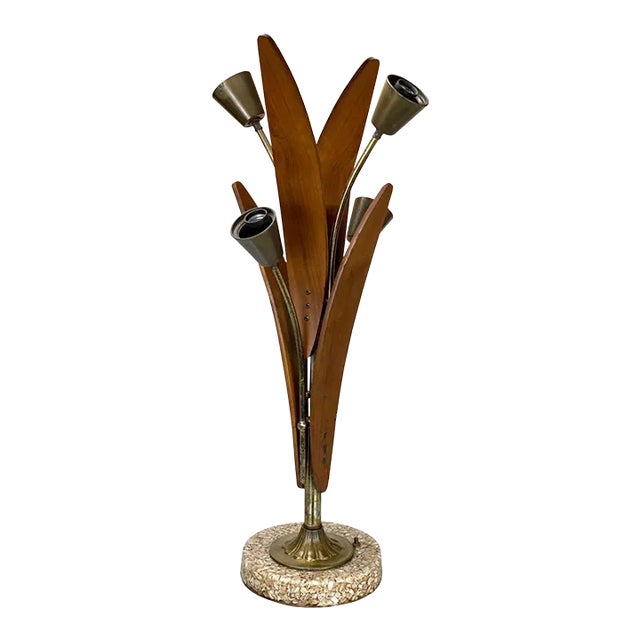 Mid-Century Modern Walnut Tulip Crushed Coral Table Lamp For Sale