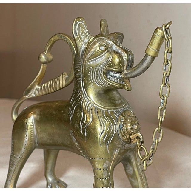 Antique 1800's Bronze Brass Aquamanile Lion Oil Lamp Lighter Temple Lion Statue For Sale - Image 4 of 14