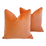 Tangerine Orange Cotton Velvet Feather/Down Pillows 20" Square - Pair For Sale