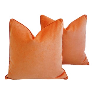 Tangerine Orange Cotton Velvet Feather/Down Pillows 20" Square - Pair For Sale