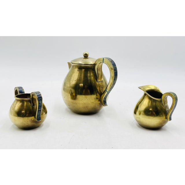 1950s 1950s Los Castillo Taxco Brass & Stone Inlaid Tea Set, Mexican Modernism - Set of 3 For Sale - Image 5 of 18