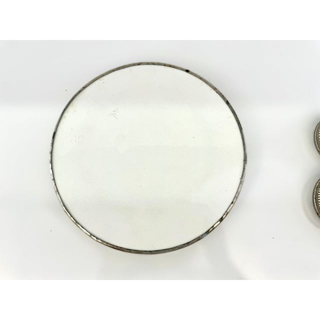 Blue Vintage Blue & White Porcelain Coaster Set With Pierced Metal Tray, Blue Onion Style Barware Set For Sale - Image 8 of 9
