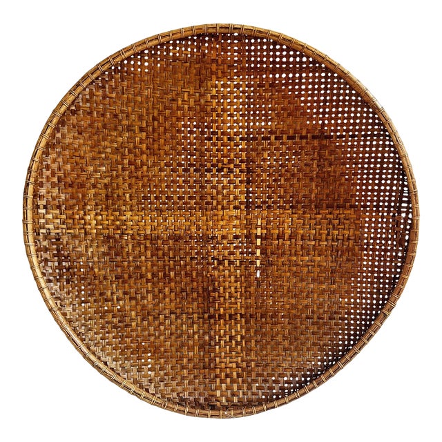 Vintage Bamboo Woven Round Basket Tray XL For Sale