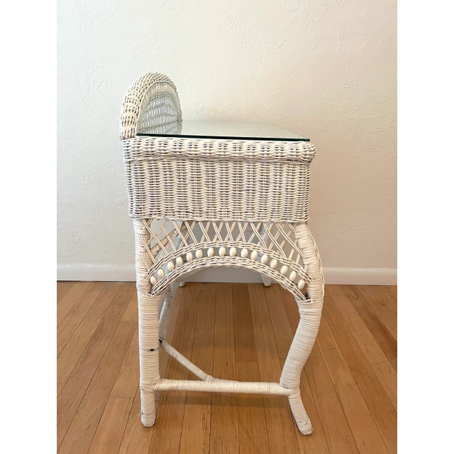 Traditional Vintage White Rectangular Wicker & Bamboo Desk, Console or Vanity With Glass Top, Drawer For Sale - Image 3 of 10