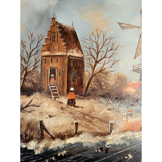 Dutch Artist, Winter Landscape with Windmill and Skaters, Oil on Board, 1950s For Sale - Image 6 of 10