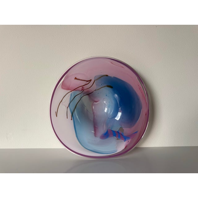 Pink 1980"s Vintage Italian Murano Pink & Blue Swirl Art Glass Centerpiece Bowl For Sale - Image 8 of 12