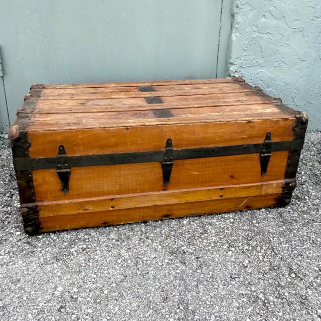 Antique Low Profile Flat Top Wooden Trunk For Sale - Image 4 of 10