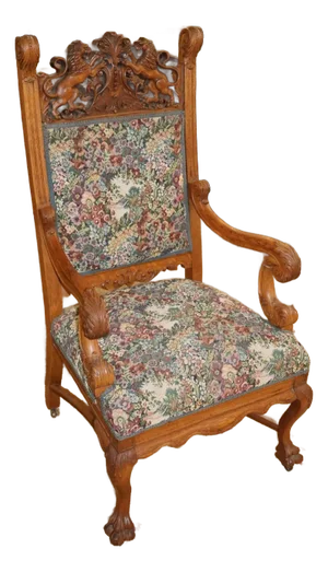 19th Century Tiger Oak Renaissance Revival Needlepoint Throne Arm Chair