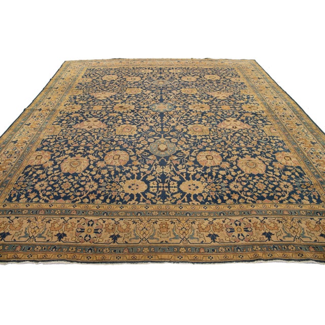 Textile Antique Persian Tabriz Square Wool Rug in Blue With Allover Floral Design For Sale - Image 7 of 10