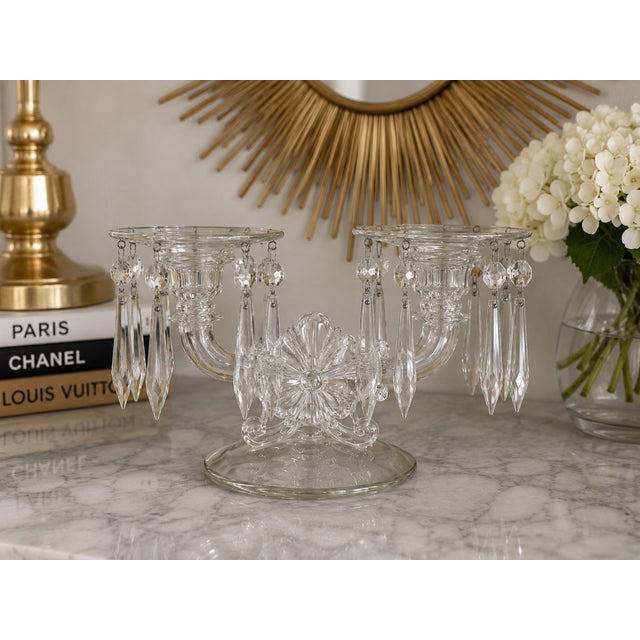 Vintage Hollywood Regency Crystal Prism Double Glass Candlestick Holders – Pair For Sale - Image 4 of 7