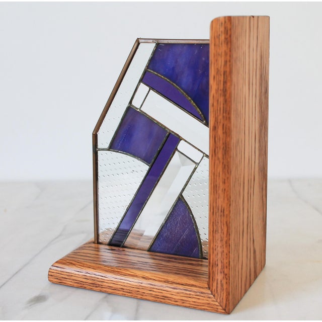 Blue Pair of Vintage Wood and Stained Glass Bookends For Sale - Image 8 of 10