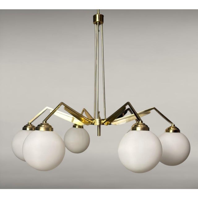 Mid 20th Century Stilnovo Style Italian Brass Six-Light Chandelier With Opaline Glass Globes For Sale - Image 6 of 18