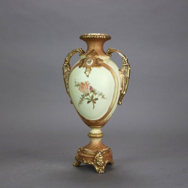 Late 19th Century Pair Antique Rudolstadt Hand Painted and Gilt Porcelain Bolted Urns 1890s For Sale - Image 5 of 8