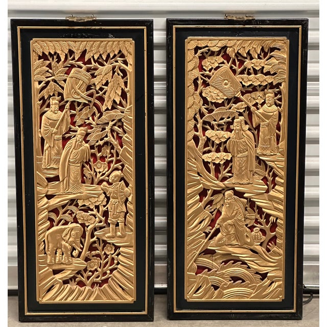 This is a stunning set of vintage Chinese gilded hand-carved wood lacquer relief panels. These panels showcase intricate...