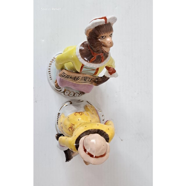 Ceramic 1980s Chelsea House Porcelain Monkey Band Singer Figurines, Pair, Meissen Style Rococo Musicians For Sale - Image 7 of 14