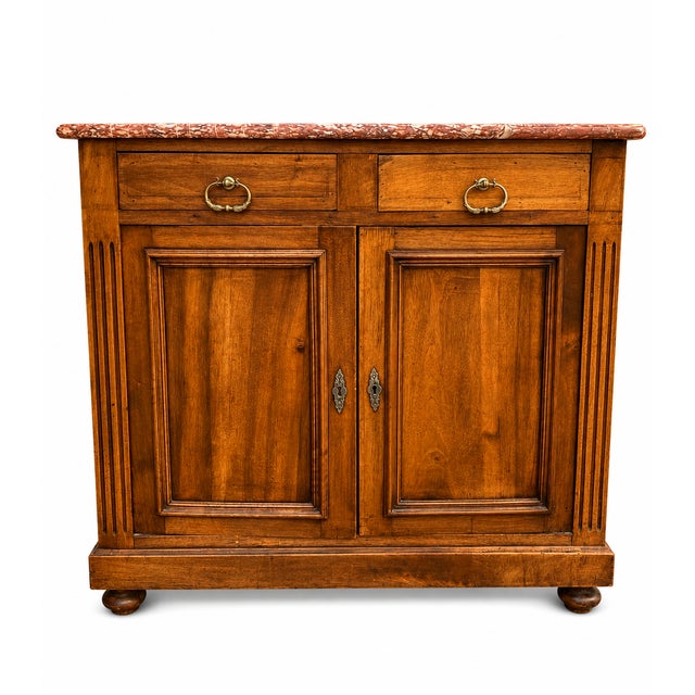Antique low wooden sideboard with an elegant red veined marble top. Two drawers, two lower doors. Dimensions: Height 79...