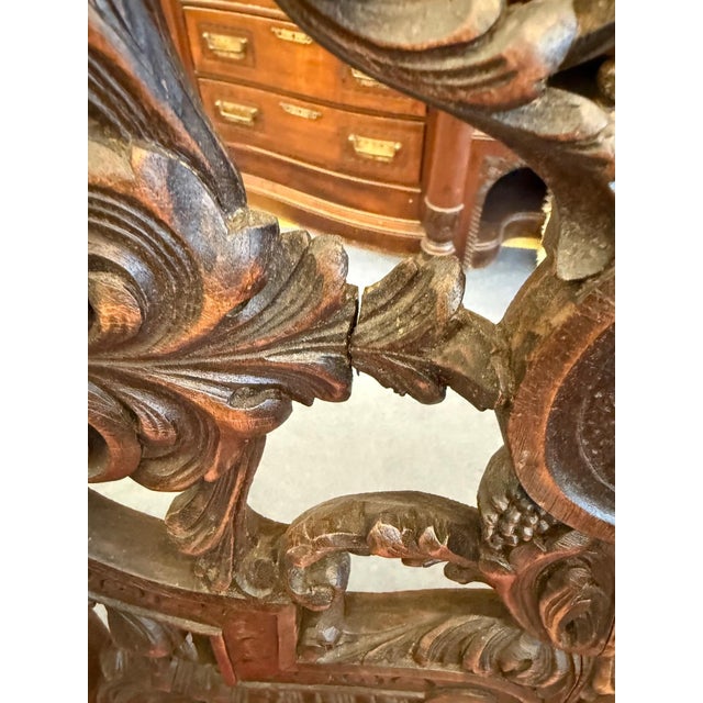 Antique Pair of Carved Walnut Jacobean Revival Throne Chairs With Red Leather Seats For Sale - Image 12 of 16