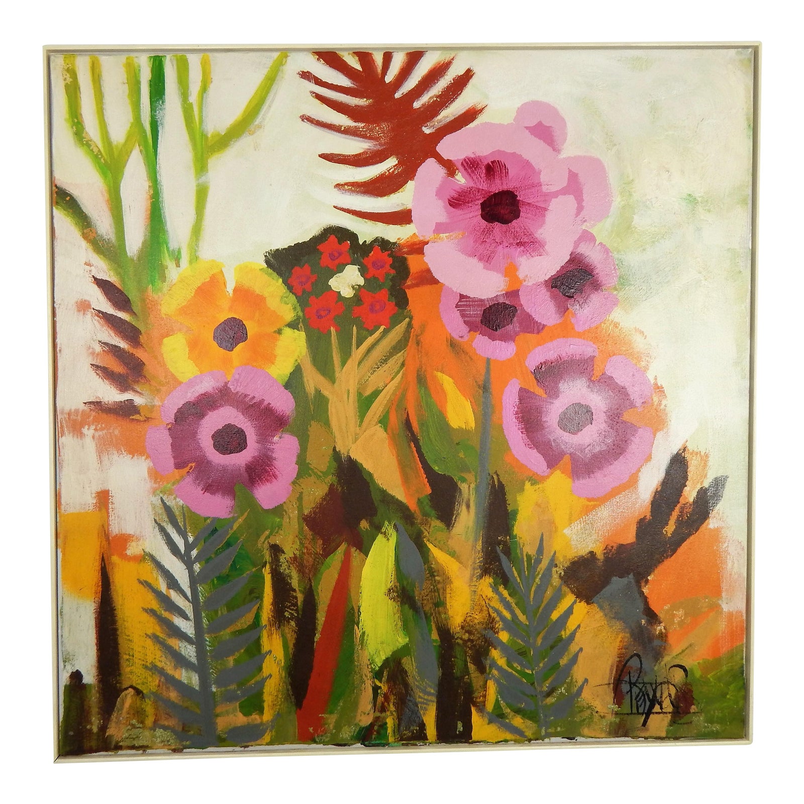 1960s Lee Reynolds Pink Blooms MidCentury Modern Floral Oil Painting