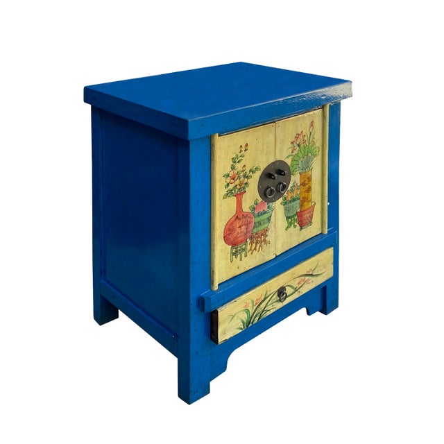 Chinese Chinese Rustic Bright Blue Yellow Graphic End Table Nightstand For Sale - Image 3 of 6