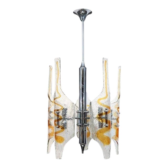 1970s Murano Glass Tubular Chandelier in Clear and Amber For Sale