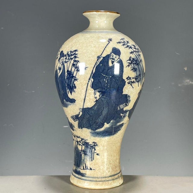 Chinese Chinese Blue & White Crackle Glaze Porcelain Vase With Figural Scene For Sale - Image 3 of 9