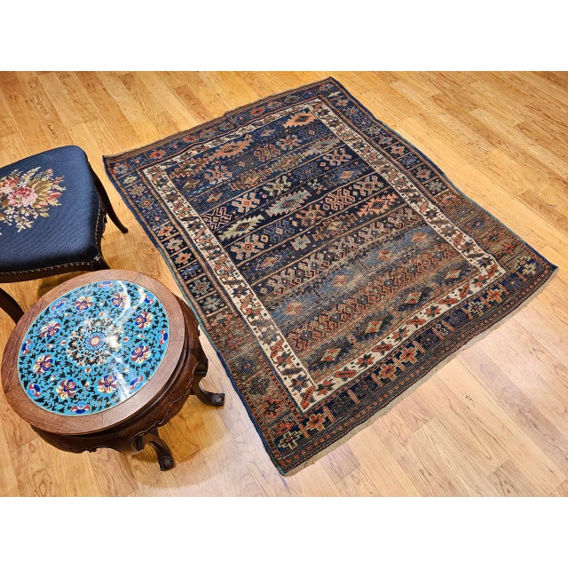 Navy Blue Antique Caucasian Shahsavan Tribal Rug, Hand-Knotted Wool, Geometric Pattern, Navy & Green, 5x6 For Sale - Image 8 of 16