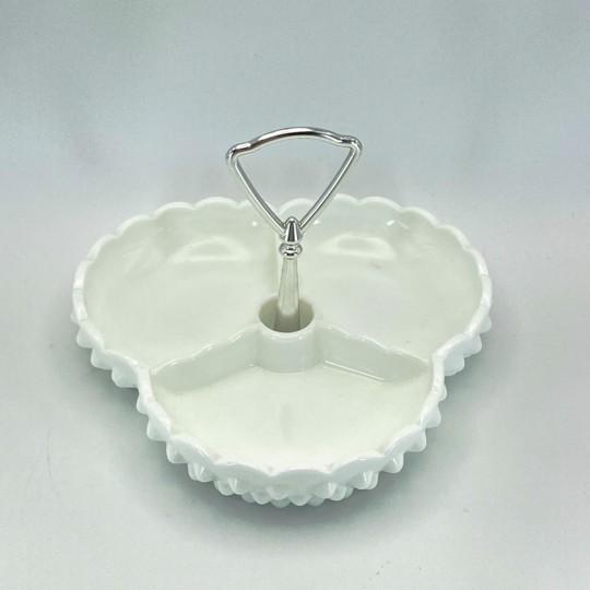 Mid-Century Modern Vintage Fenton Milk Glass Hobnail Tricorn Divided Dish (3-Part) With Metal Handle 7-Inch For Sale - Image 3 of 13