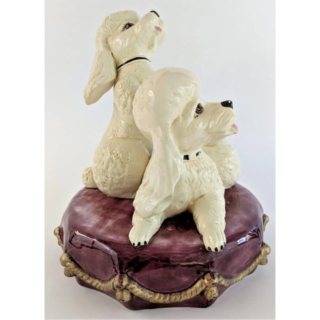 Hollywood Regency Vintage Ceramic Pair of White Poodles on a Pillow For Sale - Image 3 of 12