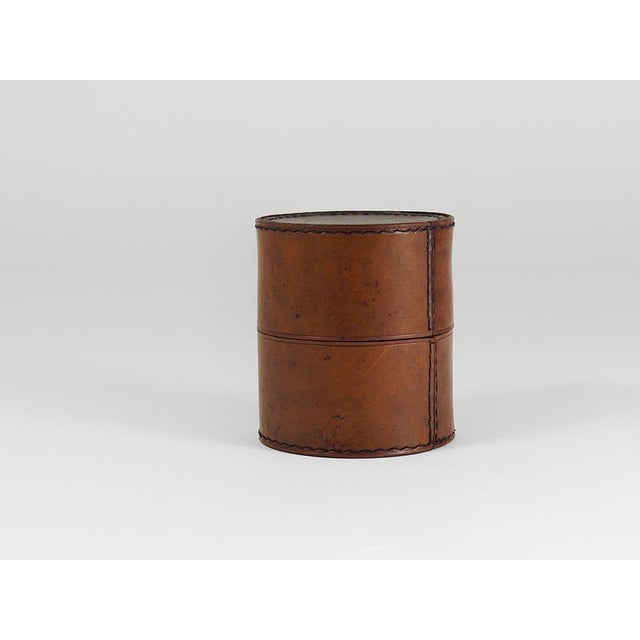 Round Leather Storage Box with Lid attributed to Carl Auböck, Vienna, Austria, 1950s For Sale - Image 3 of 16