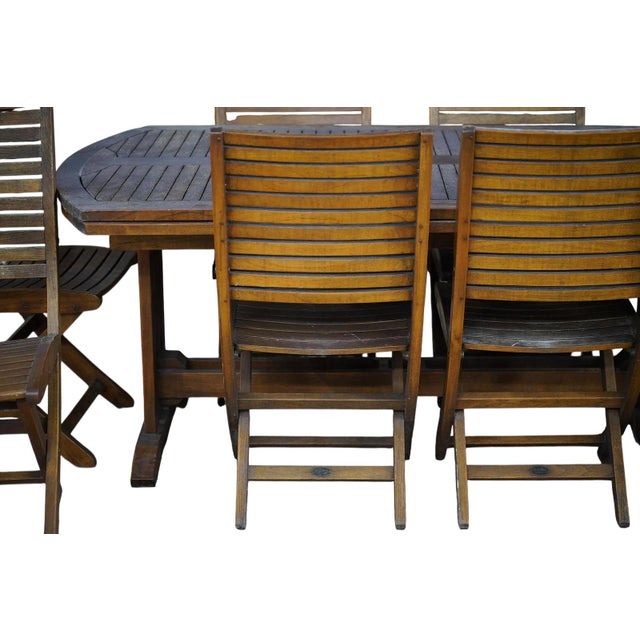 Les Jardins Teak Wood Patio Table and Eight Chairs Set Signed Outdoor Dining For Sale In Los Angeles - Image 6 of 15