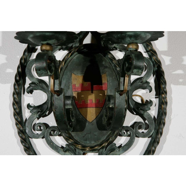 1930s French Filigreed Green With Gold & Red Emblem Sconces - a Pair For Sale - Image 5 of 11