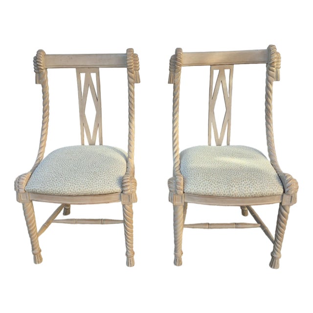 1980s Napoleon III Carved Wood Rope & Tassel Gondola Side Chairs - A Pair For Sale
