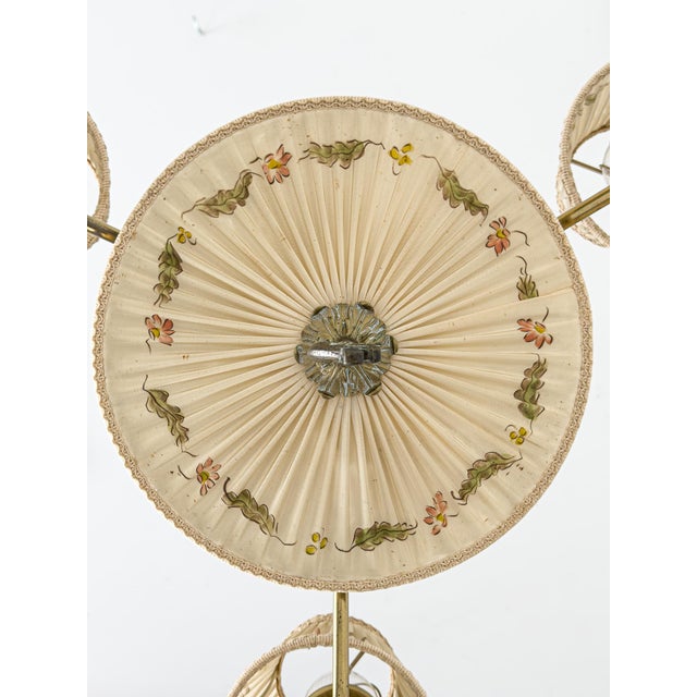 Gold Swedish Brass Chandelier with Original Pleated Silk Shades, 1950 For Sale - Image 8 of 9