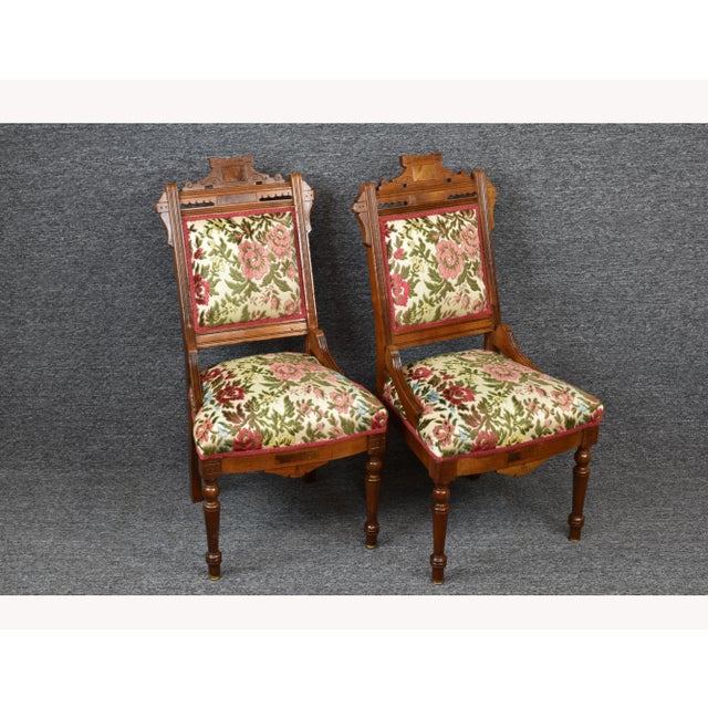 Vintage Victorian Eastlake Walnut Carved Burlwood Accent Chairs a