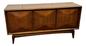 United Furniture Walnut Diamond Triple Dresser 9 Drawers 1960s