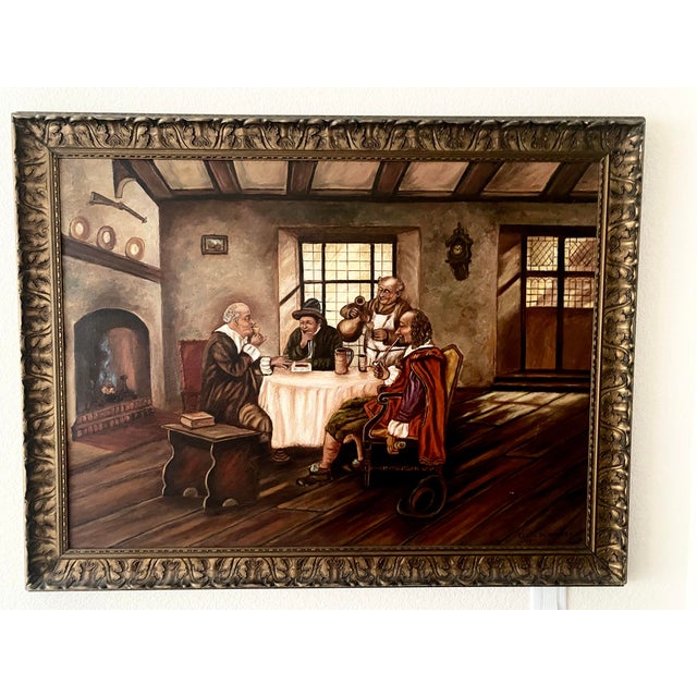 Vintage 1943 Leota Humphrey Oil Painting on Board- Antique Dutch Tavern Scene - Ornate Gold Frame. For Sale - Image 18 of 18