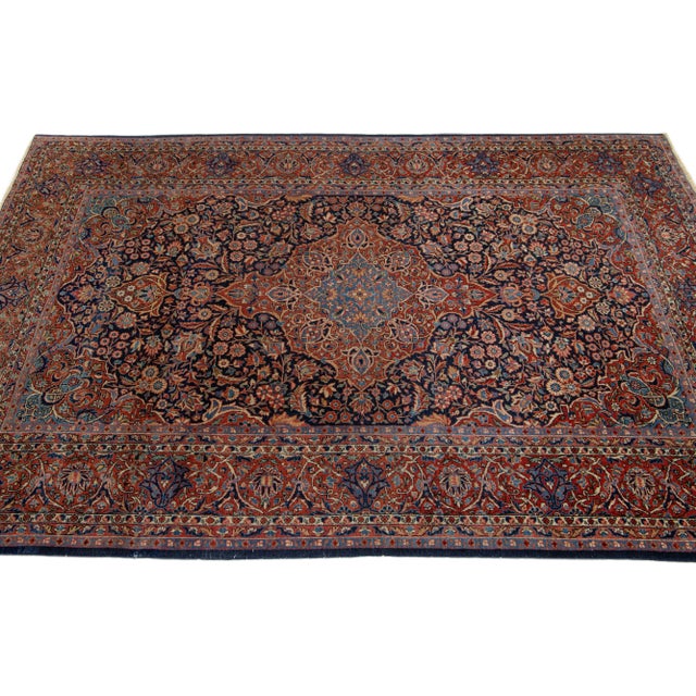 Antique Persian Kashan Handmade Medallion Blue and Red Scatter Rug For Sale - Image 4 of 7
