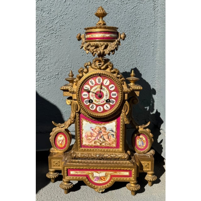 19th Century French Gilt Mantel Clock With Red Sevres Style Porcelain For Sale - Image 13 of 16