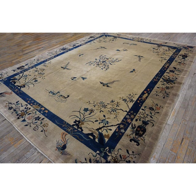 Textile 1920s Beige Floral Medallion Antique Chinese Peking Carpet 8'10" X 11'6" Rug For Sale - Image 7 of 10