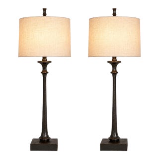 Late 20th Century Restoration Hardware Architectural Candlestick Table Lamps With Belgian Linen Drum Shades - a Pair For Sale