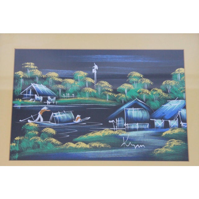 Vintage hand painted Japanese landscape on silk in a faux bamboo wood frame. Signed by artist. Ready to hang. Minor age wear.