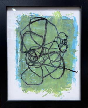 Small Framed Green, Blue and Black Abstract Painting