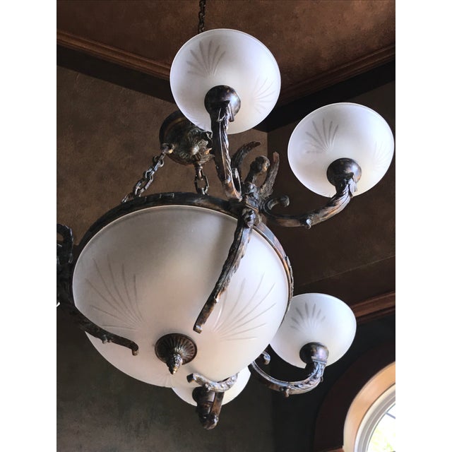 Metal Late 20th Century Neo-Classical Cast Bronze Chandelier With Frosted Crystal Hand-Cut Globes For Sale - Image 7 of 13
