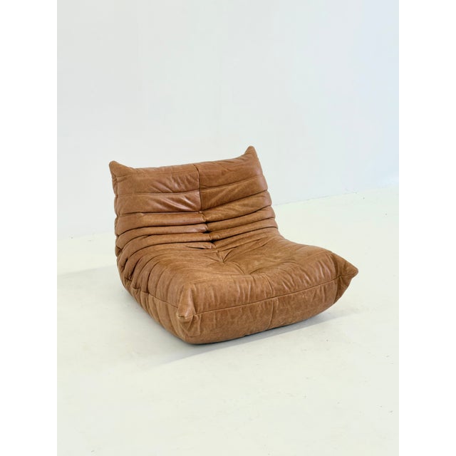 2000 - 2009 Togo Armchair with Ottoman in Cognac Leather by Michel Ducaroy for Ligne Roset, 2000s, Set of 2 For Sale - Image 5 of 14