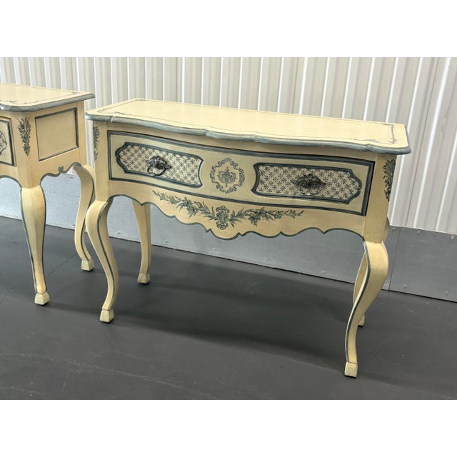 Wood La Barge Hand Painted Blue and White French Console Tables or Entry Way Tables For Sale - Image 7 of 12
