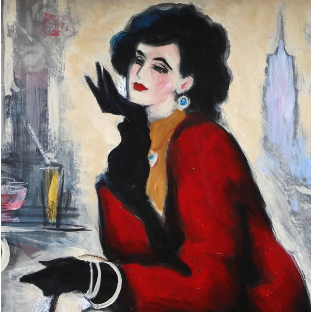 An elegant woman and her fluffy dog sit outside a cafe in New York City in this acrylic painting by Erik Freyman Medium:...